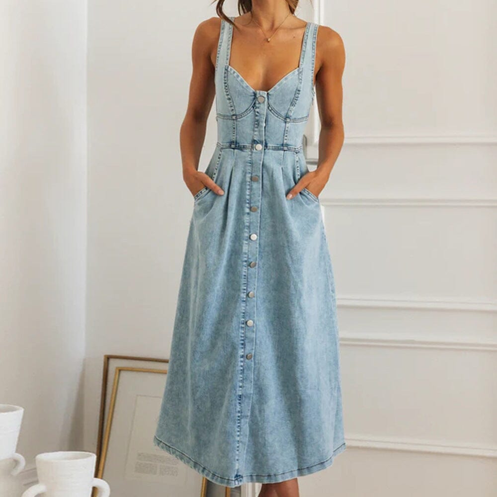 robe en jean longue janice élégante avec bretelles et boutons devant, idéale pour un look décontracté et féminin