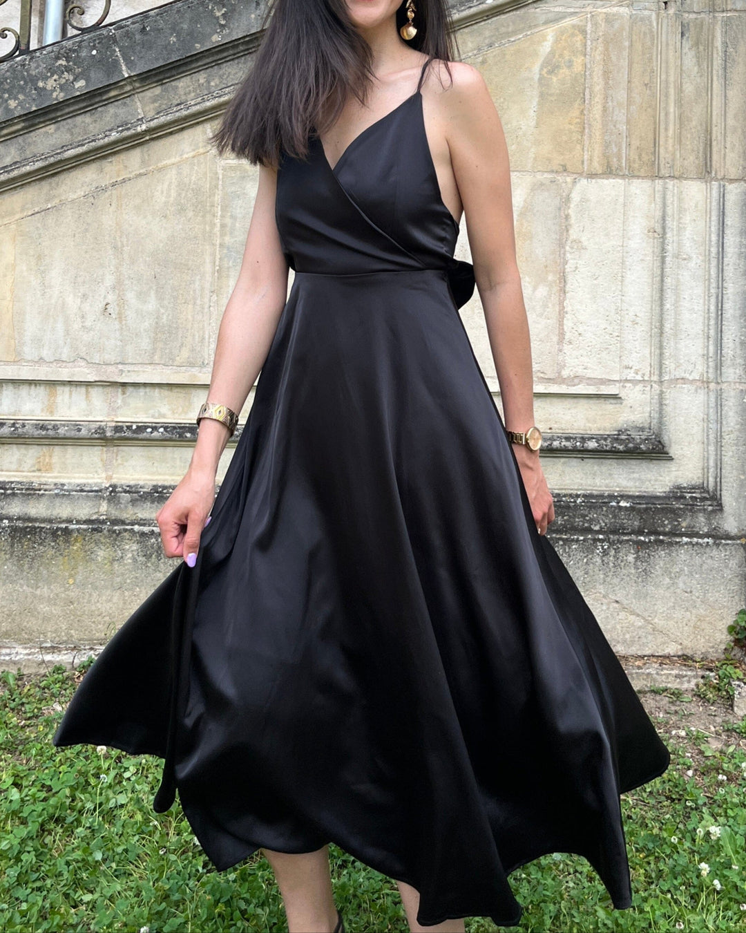 Satin Longue Robe En Soie Noir Robe Longue Dos Nu En Satin Texturé