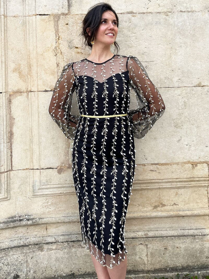 Robe midi noire brodée Alyson avec manches transparentes et motifs floraux élégants pour une soirée chic.