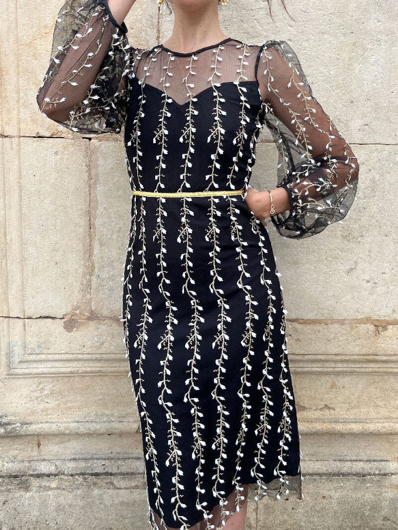 Robe midi noire brodée Alyson avec manches transparentes et motifs floraux élégants pour une soirée chic.