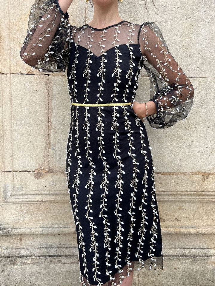 Robe midi noire brodée Alyson avec manches transparentes et motifs floraux élégants pour une soirée chic.