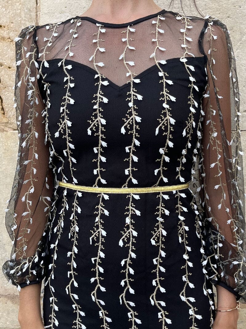 Robe midi noire brodée Alyson avec manches transparentes et motifs floraux élégants pour une soirée chic.