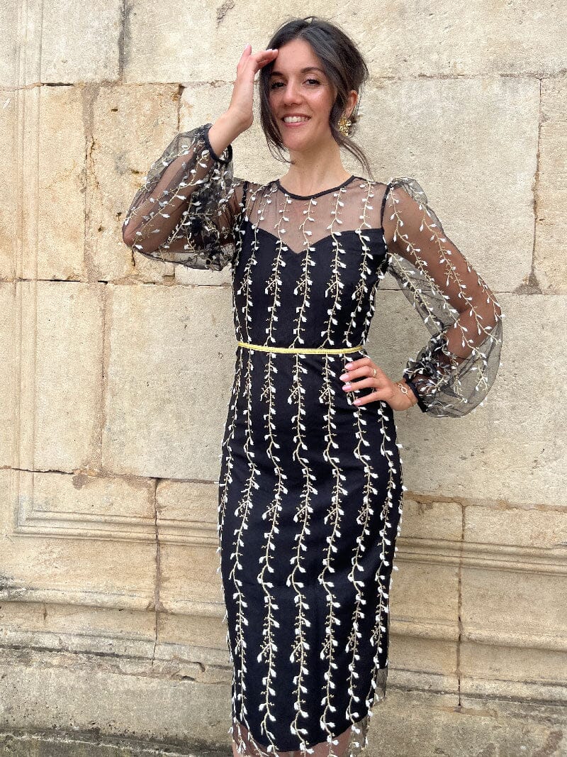 Robe midi noire brodée Alyson avec manches transparentes et motifs floraux élégants pour une soirée chic.