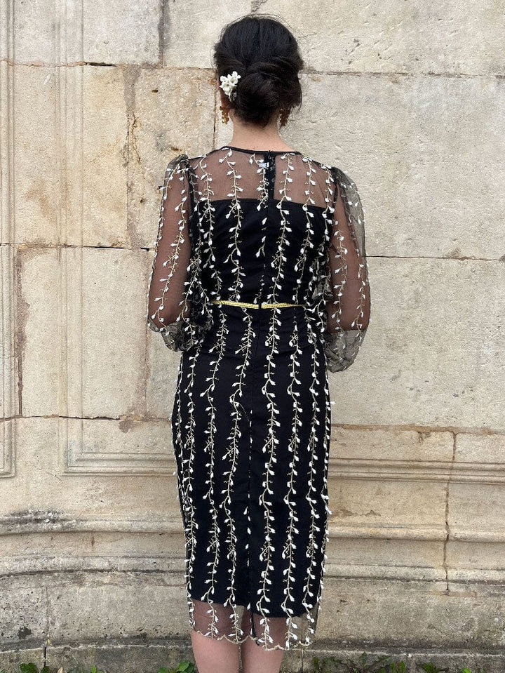 Robe midi noire brodée Alyson avec manches transparentes et motifs floraux élégants pour une soirée chic.