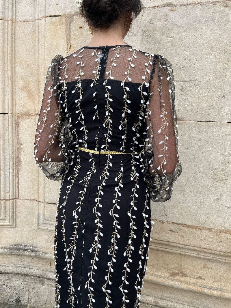 Robe midi noire brodée Alyson avec manches transparentes et motifs floraux élégants pour une soirée chic.