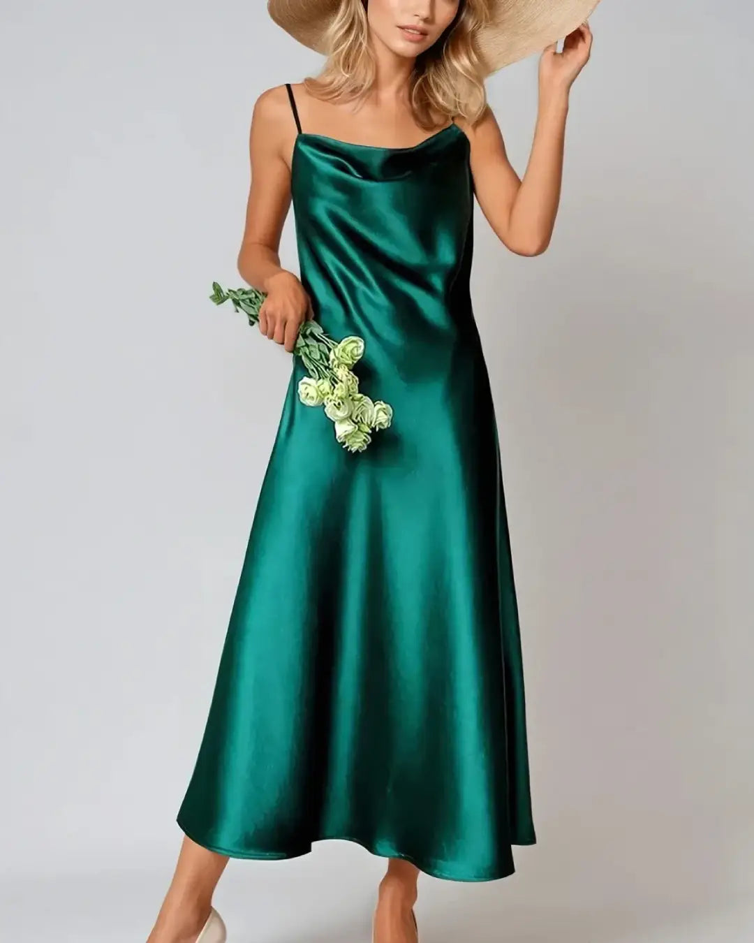 Robe cocktail élégante en satin vert avec bretelles fines, modèle Victorine, portée avec chapeau et bouquet à la main.