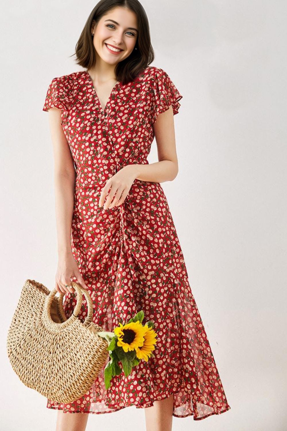 jeune femme souriante portant une robe longue rouge avec un motif à pois et tenant un sac en osier avec un tournesol