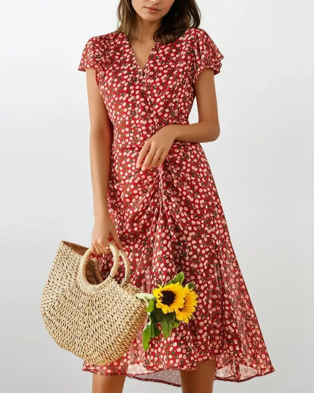 Robe longue rouge bohème à motifs floraux, idéale pour l'été, avec sac en osier et tournesol pour un look chic.