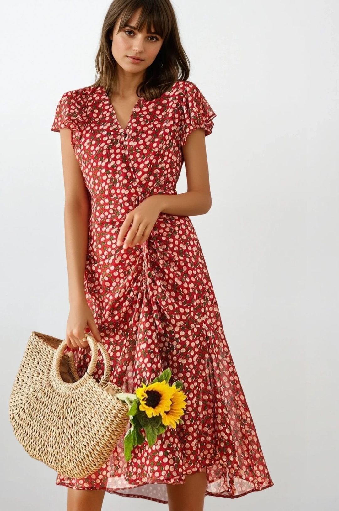 Robe longue rouge à motifs fleuris, élégante et estivale, parfaite pour une tenue chic et décontractée.