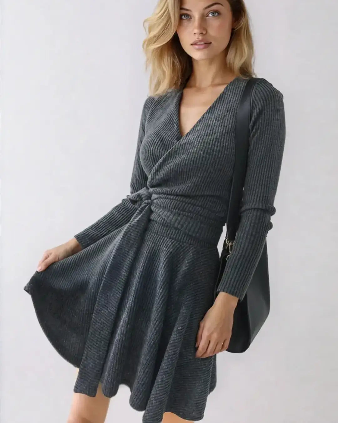 Robe pull cintrée en laine grise à manches longues avec style élégant et ajusté pour un look chic et confortable.