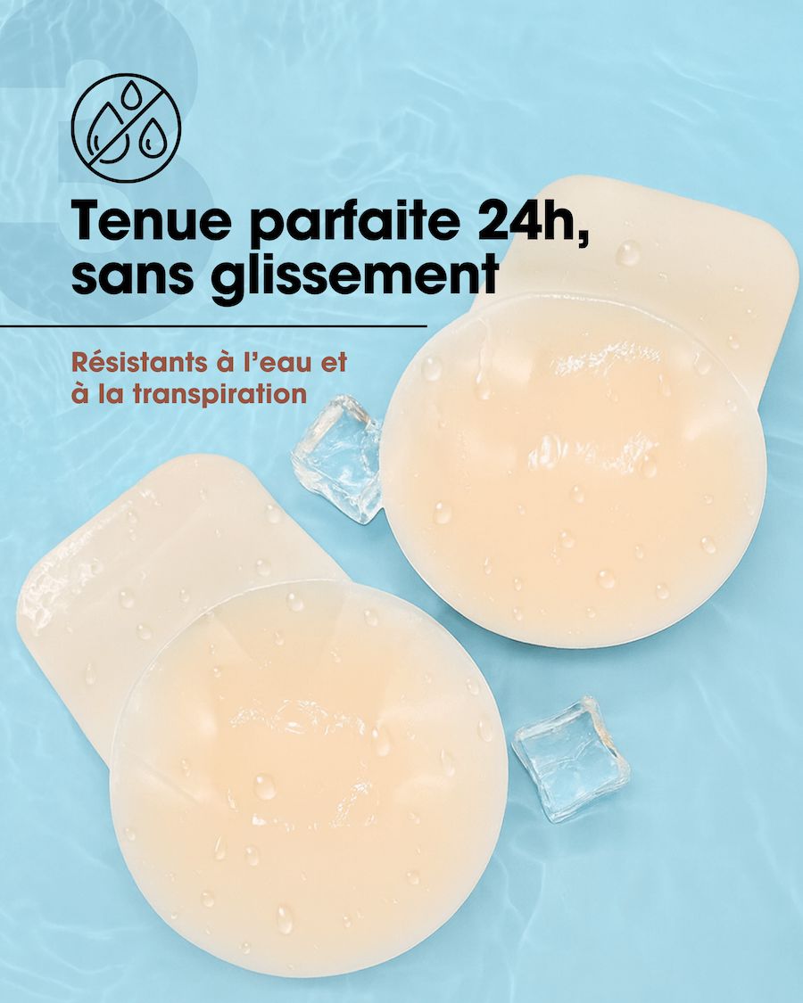 Soutien-gorge adhésif push-up résistant à l'eau, offrant une tenue parfaite 24h sans glissement pour confort optimal.