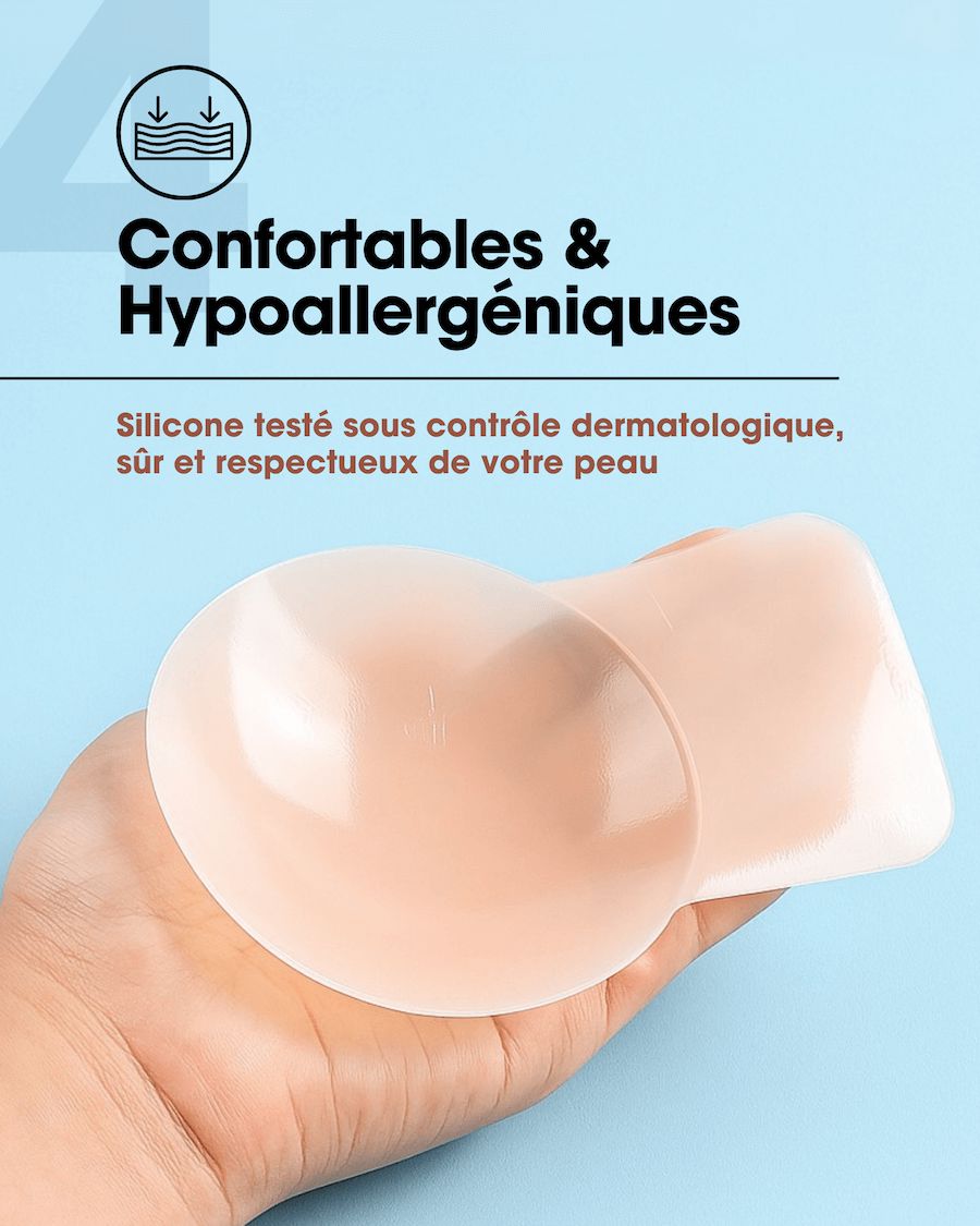 Soutien-gorge adhésif push-up en silicone, confortable et hypoallergénique, testé dermatologiquement pour sécurité.