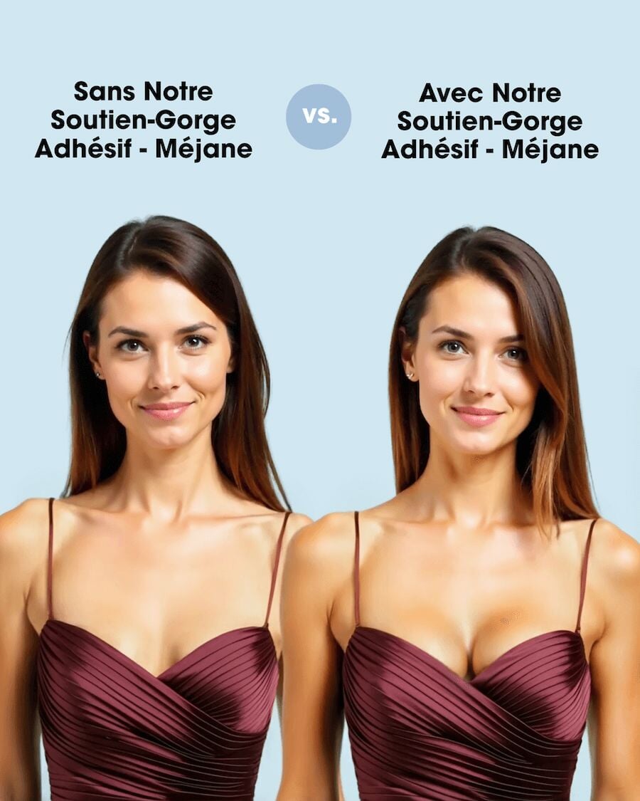 Comparaison avant-après de l'effet du soutien-gorge invisible adhésif Méjane sur silhouette et décolleté féminin.