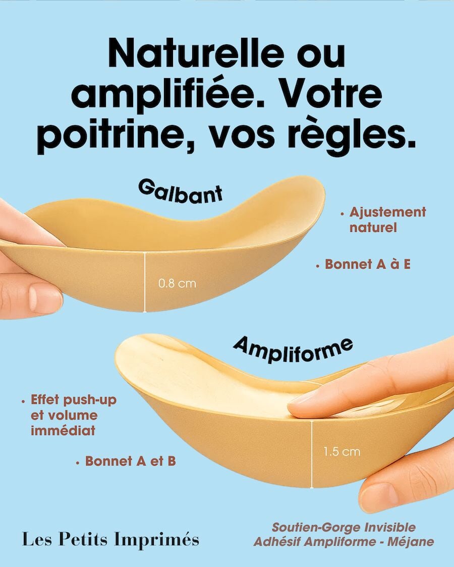 Soutien-gorge invisible adhésif Méjane pour galbe naturel ou volume amplifié, ajustement pour bonnets A à E.