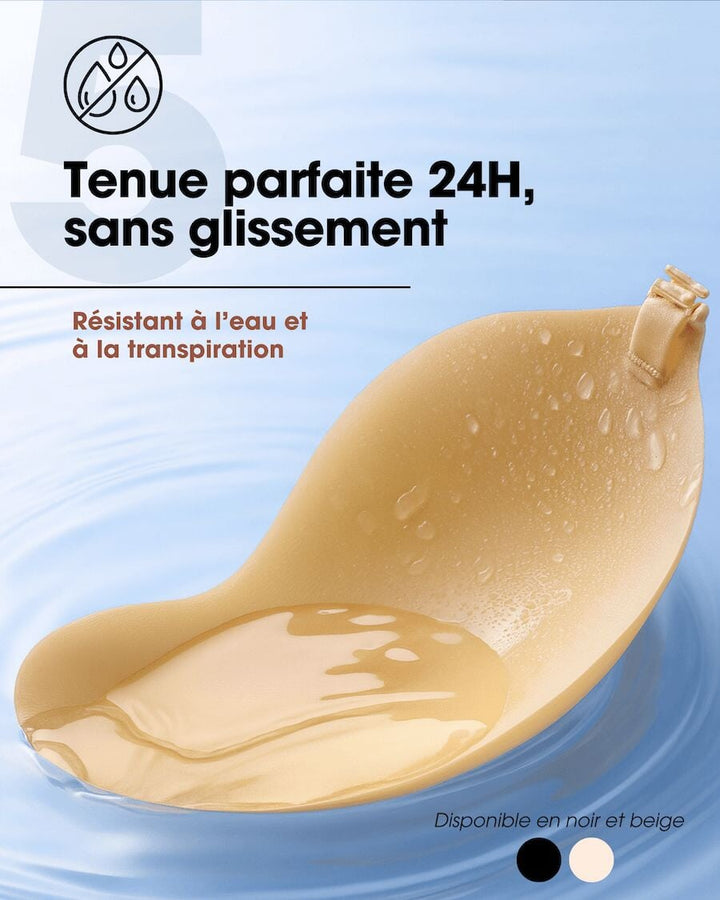Soutien-gorge invisible adhésif ampliforme Méjane, résistant à l’eau et transpiration, tenue parfaite sans glissement.