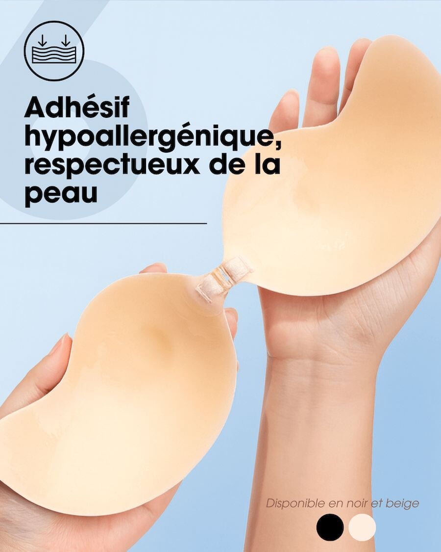 Soutien-gorge invisible adhésif ampliforme Méjane, hypoallergénique, tenue parfaite, disponible en noir et beige.