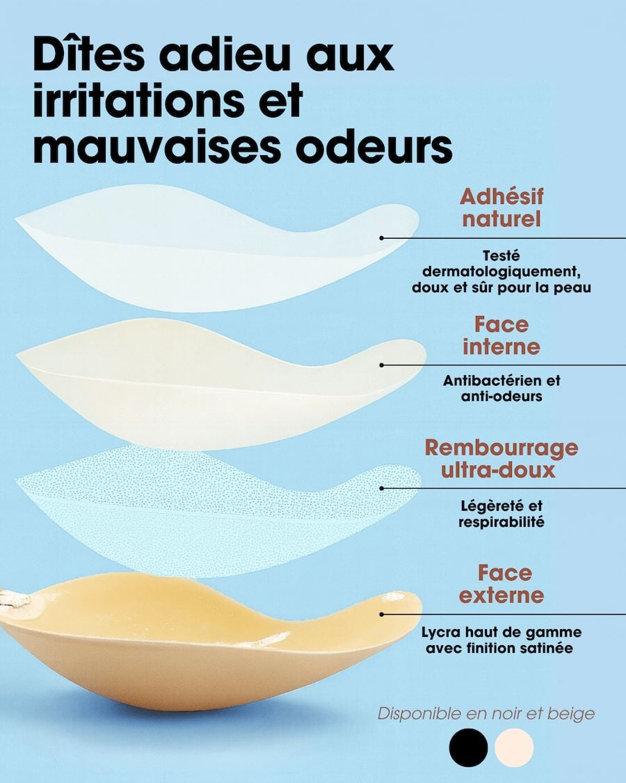 Soutien-gorge invisible adhésif ampliforme, confortable, antibactérien et anti-odeur, disponible en noir et beige.