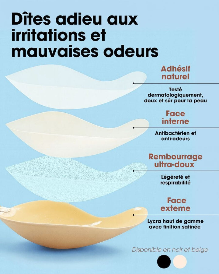Soutien-gorge invisible adhésif ampliforme, confortable, antibactérien et anti-odeur, disponible en noir et beige.
