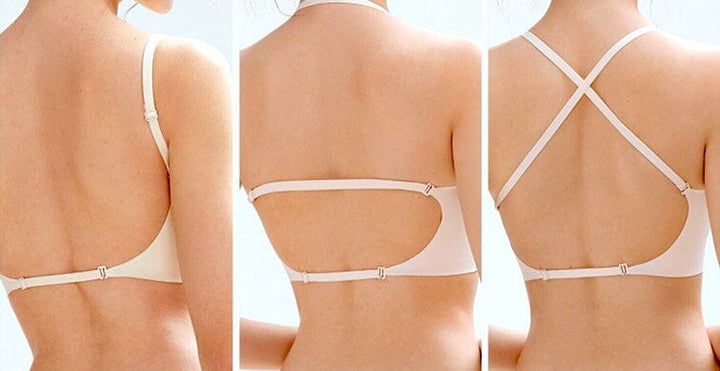 Vue arrière en trois angles du soutien-gorge dos nu sans couture ampliforme, style pratique et élégant pour Karine.