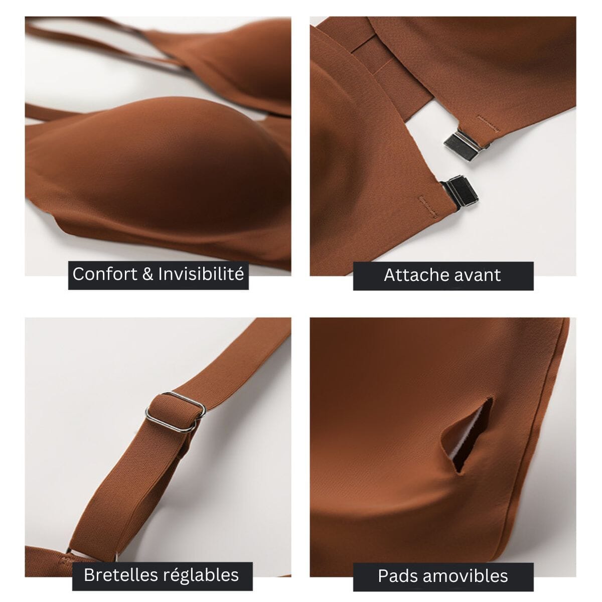 soutien-gorge invisible Béren marron avec bretelles réglables, attache avant et pads amovibles pour confort et invisibilité