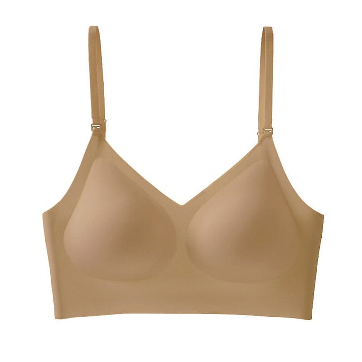 Soutien-gorge dos nu sans couture couleur beige, modèle Karine, idéal pour un confort optimal et invisible sous les vêtements.