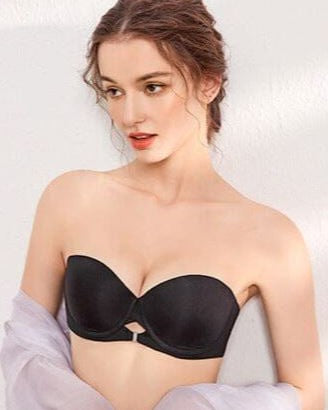 Soutien-gorge sans bretelles push-up noir offrant maintien et confort, modèle élégant idéal pour robe ou top dos nu.