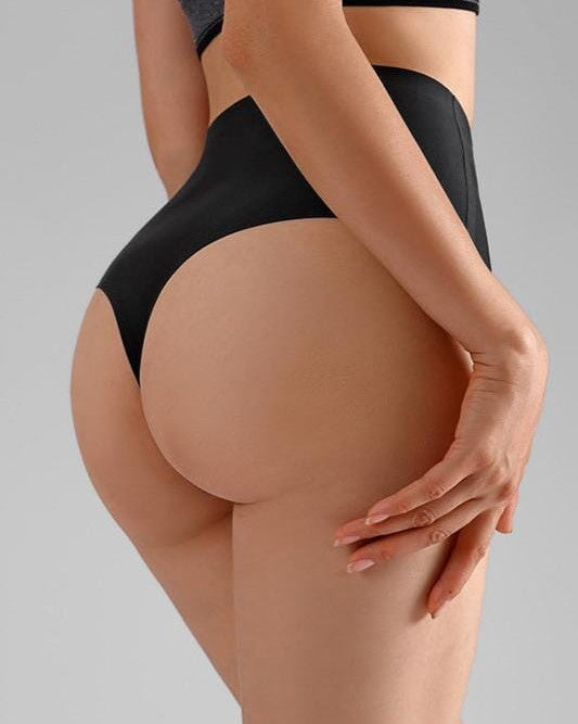 tanga taille haute maurine en microfibre noire porté par une femme, vue de dos montrant la coupe ajustée et élégante du dessous