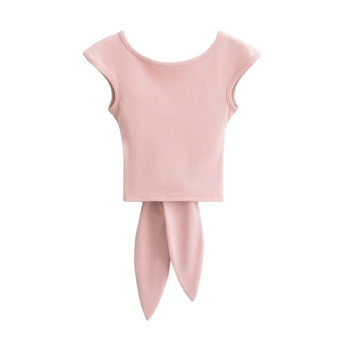 t-shirt dos nu olivia avec nœud rose, parfait pour un look élégant et estival, vu de dos, style moderne et chic