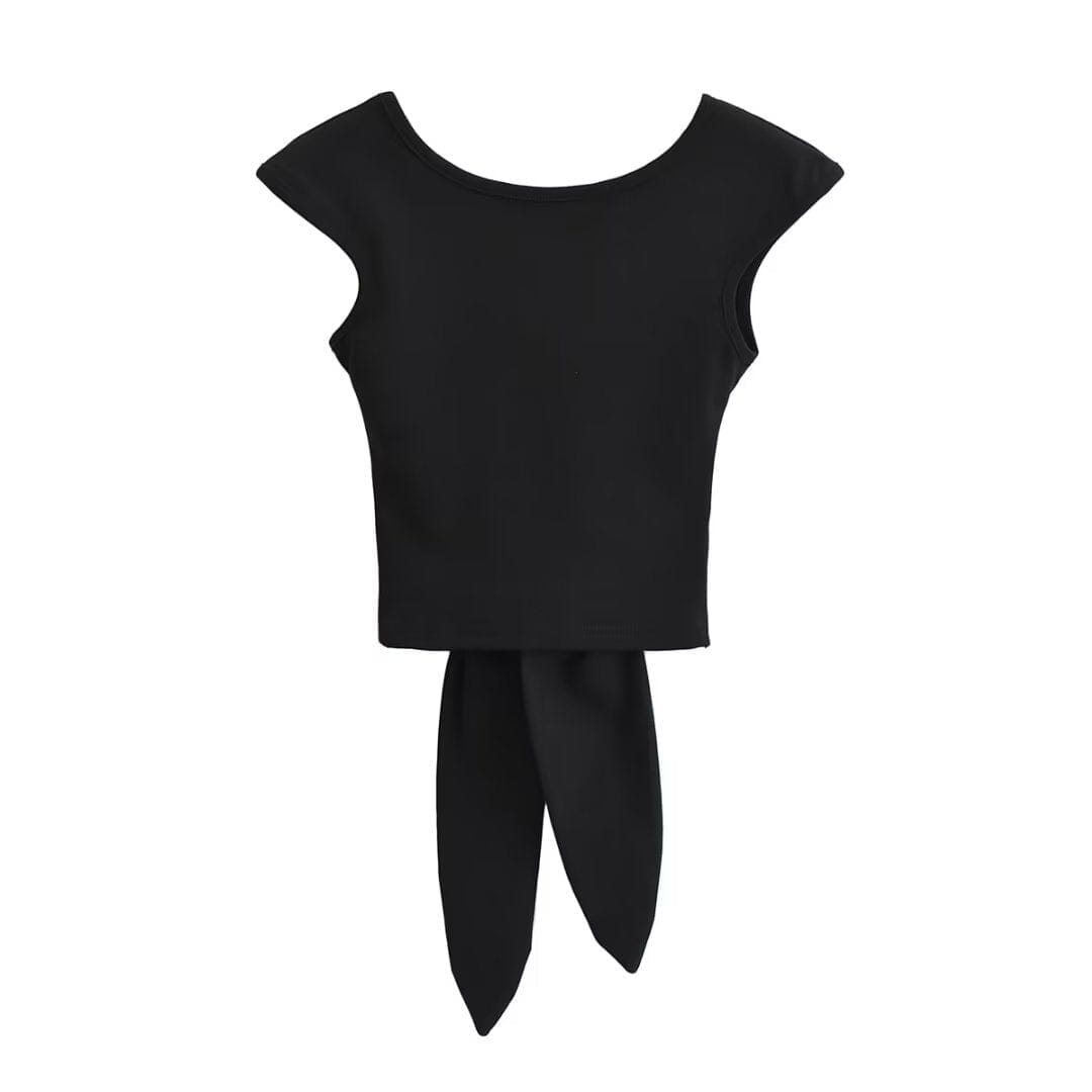 t-shirt dos nu noir avec nœud au dos, modèle olivia, élégant et chic pour une tenue d'été ou une sortie décontractée