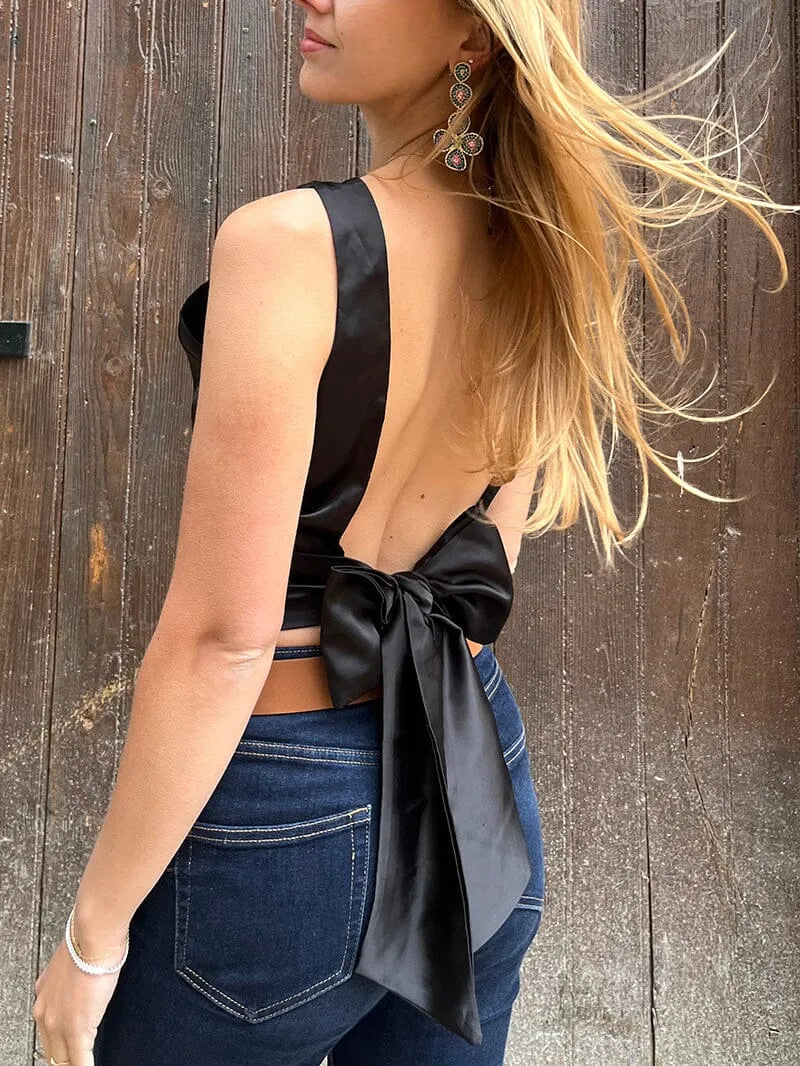 Satin Haut Ouvert Dans Le Dos Top Dos Nu Satin Effet Drapé élégant