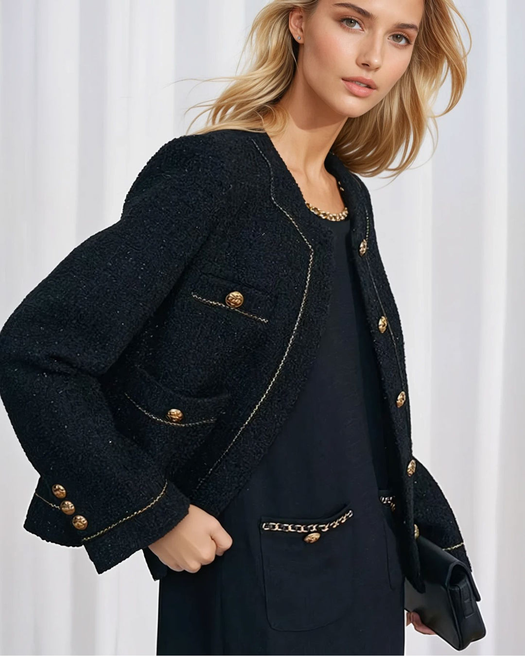 Veste chic Gabriella en noir, élégante et classique, mise en valeur par une femme blonde devant un fond neutre.