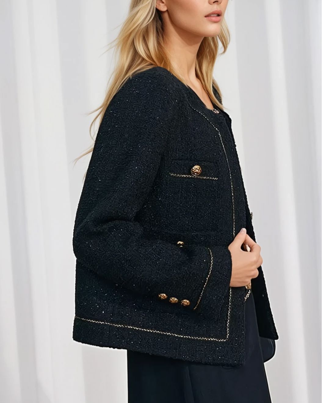 Veste chic et classique en laine noire avec boutons dorés, parfaite pour un look élégant et intemporel Gabriella.