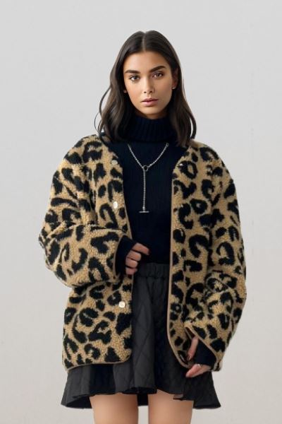 Veste en sherpa à motif léopard pour femme, style Teresa élégant, portée avec un pull noir et jupe foncée.