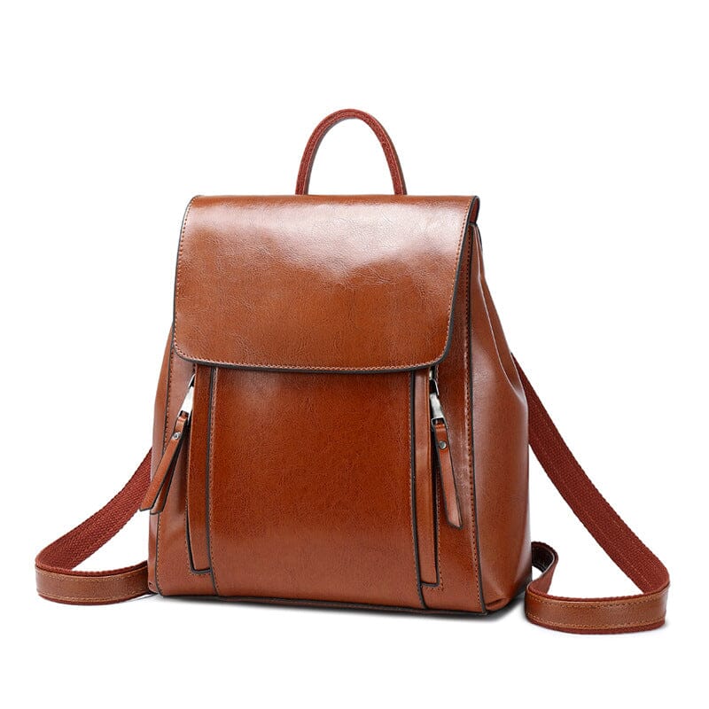 sac à dos en cuir marron pour femme avec fermeture éclair et bandoulière en cuir rouge foncé