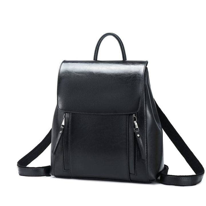sac à dos en cuir noir pour femme avec poches zippées frontales, pratique et élégant pour un style classique