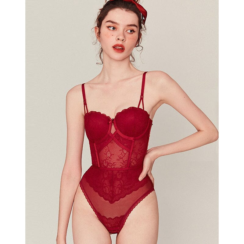 body dentelle daphné pour femme en rouge, combinaison élégante et fine avec dentelle délicate, lingerie féminine