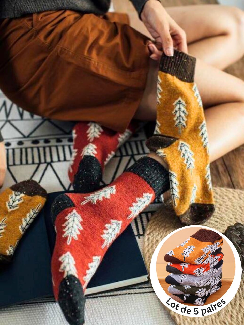 chaussettes de Noël colorées pour femme en lot de 5 paires, parfaites pour l'hiver et arborant des motifs de sapins