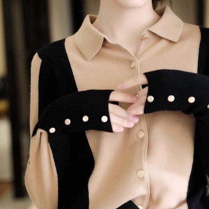 chemise chaude hiver femme séraphine avec col et boutons beige ainsi que des manches longues noir à boutons dorés