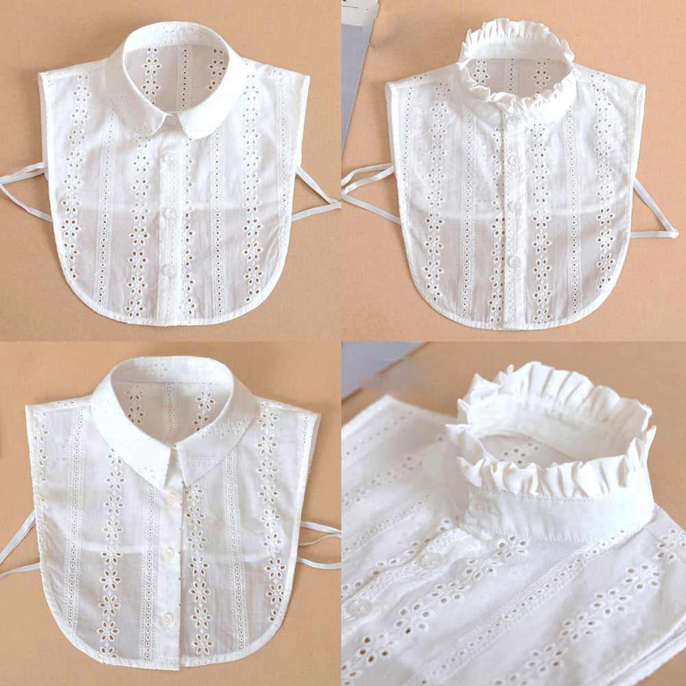 col de chemise amovible en dentelle blanche élégante avec motifs floraux ajourés vue de différentes perspectives