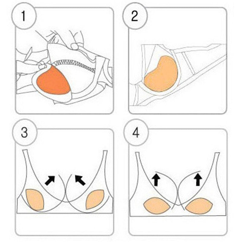 instruction en quatre étapes pour insérer et positionner des coussinets push-up dans un soutien-gorge