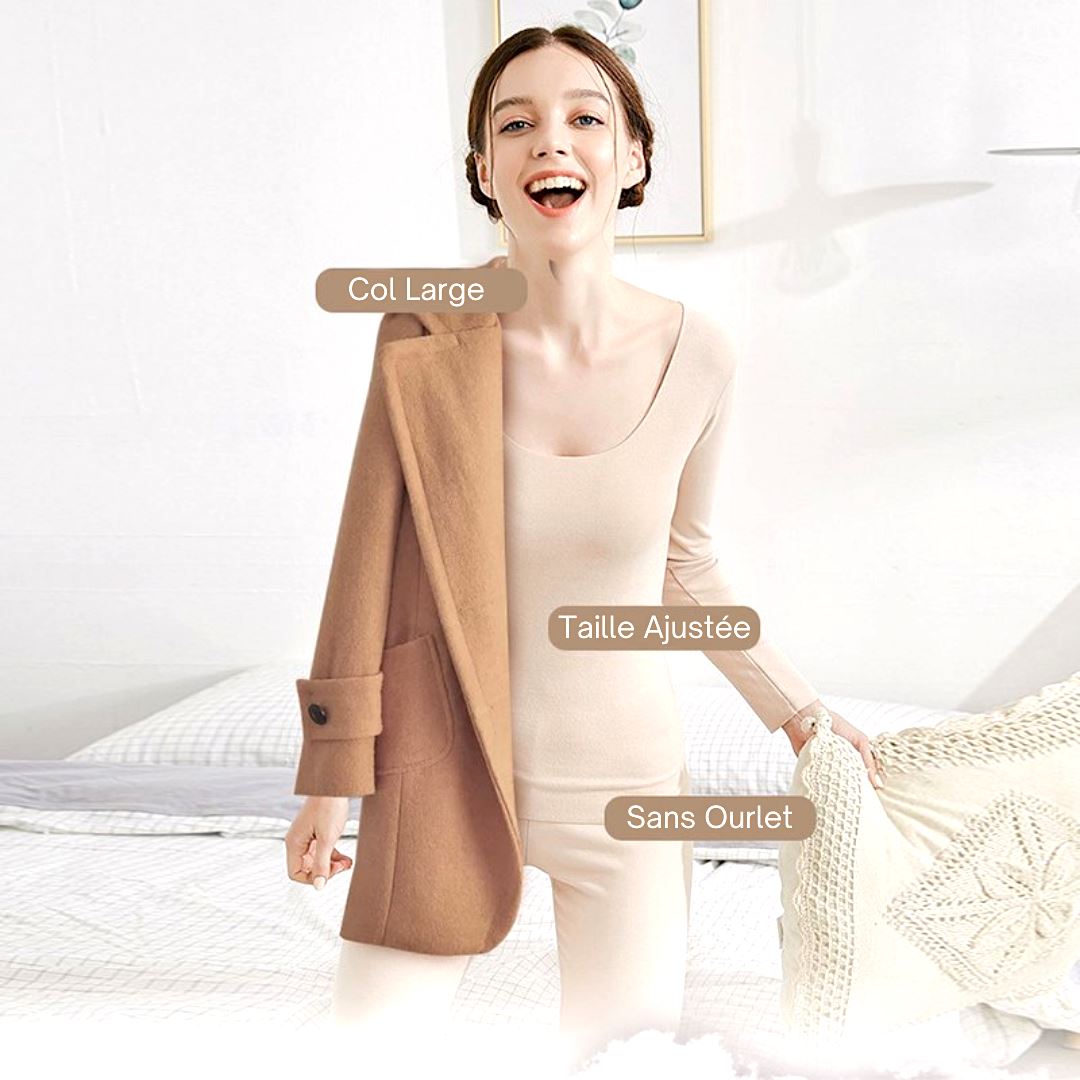 femme en sous-vêtements thermiques ajustés couleur beige sans ourlet avec col large, tenue idéale pour l'hiver