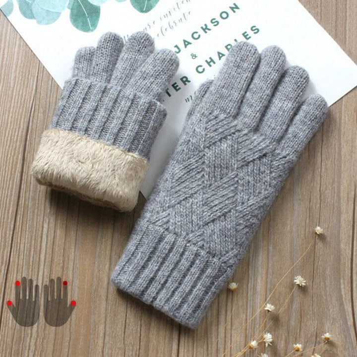 gants polaire tactiles pour femme gris avec intérieur en fourrure beige pour rester au chaud en hiver