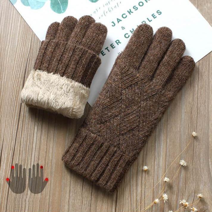 Gants polaire tactiles pour femme marron avec intérieur en fourrure crème, parfaits pour rester connectée et au chaud