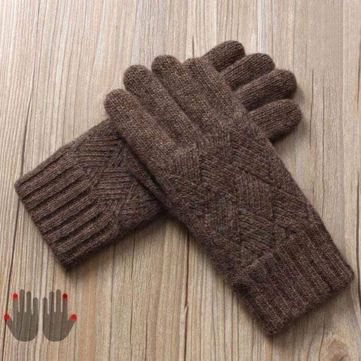 gants polaire tactiles femme en laine marron avec poignets côtelés sur fond de bois clair