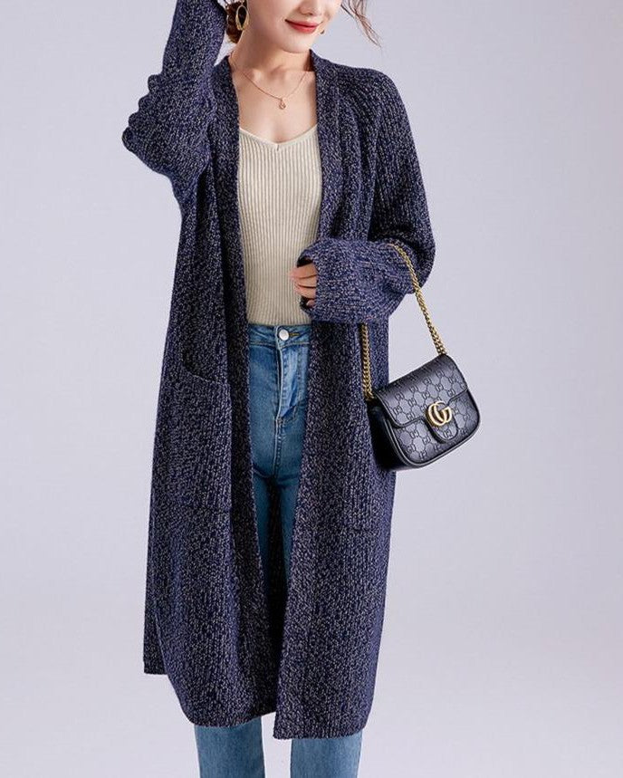 gilet long laine et cachemire lyna pour femme, cardigan bleu foncé, élégant et confortable, idéal pour l'hiver