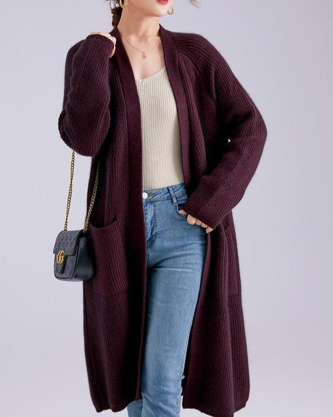 Gilet long femme en laine et cachemire Lyna coloris marron pour un look chic et décontracté, parfait pour l'hiver.