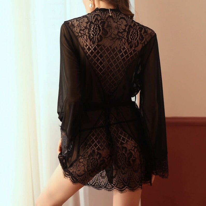 kimono dentelle noir marina élégant et sexy, vue de dos, parfait pour une soirée romantique ou une occasion spéciale