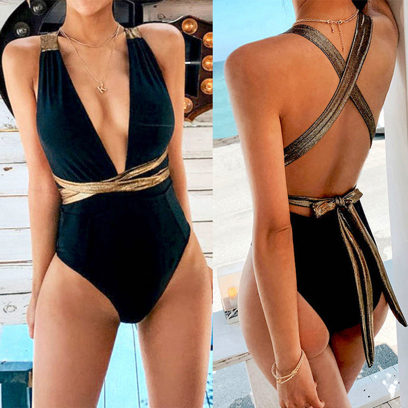 maillot de bain une pièce noir et doré avec décolleté plongeant à l'avant et dos croisé, collection nora