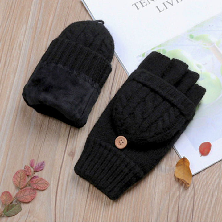 moufles mitaines en laine noires avec bouton décoratif, parfaites pour garder les mains au chaud en hiver