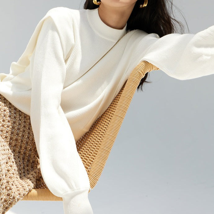 pull femme blanc épais avec manches longues en tricot, modèle kaylenn, idéale pour une tenue chic et confortable